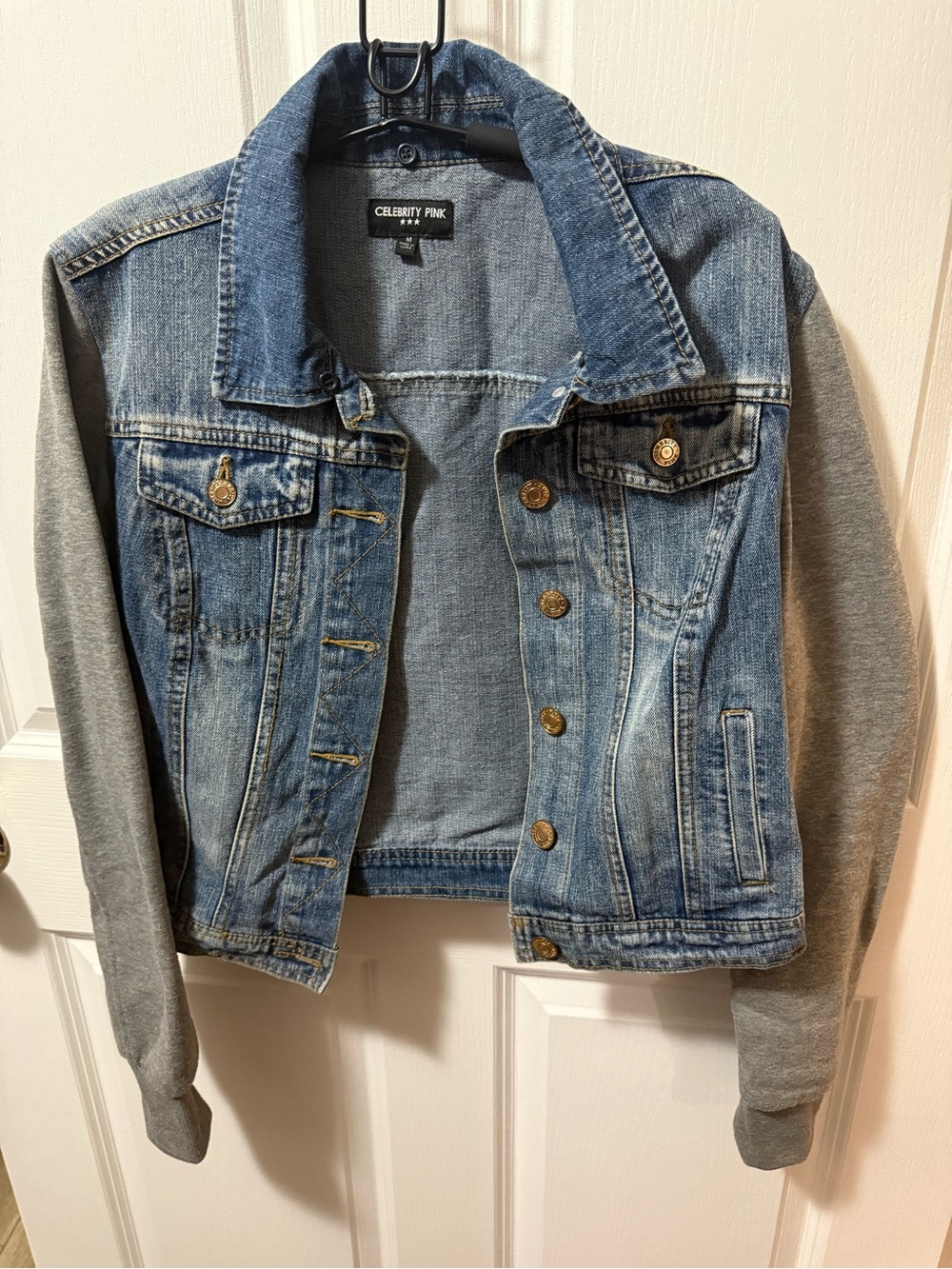Celebrity Pink Two-Tone Denim Jacket with Gray Knit Sleeves